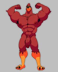 abs absurd_res anthro armpit_hair avian balls beak big_muscles big_pecs bird body_hair flexing genitals grey_background hi_res humanoid_genitalia humanoid_penis male male_only muscular muscular_male navel nude pecs penis red_body riko_(virdemis) simple_background solo virdemis