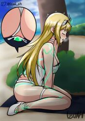 2022 beach body_markings close-up cowgirl_position cum dildo highres izai_ah izaiah_(artist) motion_lines mythra pussy pussy_juice swimsuit xenoblade_(series) xenoblade_chronicles_2