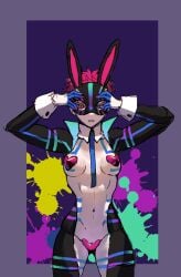 akaza_(kimetsu_no_yaiba) alternate_costume blue_sclera body_markings bunny_ears bunny_mask demon_girl demon_slayer female heart_pasties hourglass_figure kimetsu_no_yaiba looking_at_viewer mask necktie pasties pink_hair pussy_pasty reverse_bunnysuit rule_63 short_hair small_breasts umaidkzkwk very_short_hair