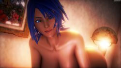 aqua_(kingdom_hearts) biting_lip blue_eyes blue_hair cherryboy kingdom_hearts matching_hair/eyes nude nude_female solo_female