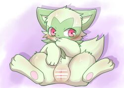 blush burakura_inu censor_bar digitigrade feet female feral fluffy fluffy_tail genitals green_body looking_away neck_tuft nintendo plump_labia pokémon_(species) pokemon pokemon_sv presenting presenting_pussy pussy red_eyes sitting soles solo sprigatito tongue tongue_out tuft video_games