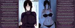 big_breasts black_bra black_hair black_panties caption cum_inside cum_inside_request glasses hourglass_figure lingerie milf neighbor tired_eyes