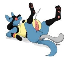 2boys anal_vore anthro anus balls blue_fur bracelet canine cum ejaculation furry gay licking_lips lucario male male_only nelsonnoir original_character pawpads penis pokemon pokemon_(species) pokemon_dppt tail vore yaoi