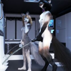 3d_(artwork) anthro bodily_fluids digital_media_(artwork) duo fur genital_fluids genitals grey_body grey_fur hi_res male nude peeing penis saberjackal urine