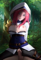 1boy armor arms_behind_back assassin belt black black_pants blue_eyes breasts clitoral_hood clitoris corset cowgirl_position dress female forest green_background hood hoodie legwear light light_skin lips mobile_legends mobile_legends:_bang_bang natalia_(mobile_legends) nature open_legs pants pants_open penis pink_hair pussy red_hair sex shadow underwear vaginal_penetration white_dress