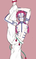 akaza_(kimetsu_no_yaiba) arms_up blue_sclera breasts_out demon_girl demon_slayer female female_only japanese_clothes kimetsu_no_yaiba leg_lift leg_up looking_at_viewer nipple_slip no_bra pink_hair short_hair smile solo umaidkzkwk vertical_splits white_skin yellow_eyes