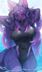 1girls 3_eyes anthro armpits arms_behind_head canine choker demon_girl demon_horns female female_only fur furry furry_only hi_res horns in_water long_hair looking_at_viewer multi_eye pink_highlights purple_eyes purple_fur purple_hair rein_d'ariette smiling smiling_at_viewer solo solo_female suurin_(ksyaro) swimsuit tail thick_thighs wide_hips