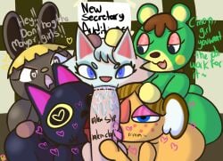 1boy 2022 5girls alice_(animal_crossing) animal_crossing balls bear bedroom_eyes blue_lipstick bonbon_(animal_crossing) charlise_(animal_crossing) heart-shaped_pupils human_on_anthro kiki_(animal_crossing) klutzatdusk lipstick lipstick_mark lipstick_on_penis looking_at_viewer male_human/female_anthro male_on_anthro nintendo oral orgy penis pink_lipstick sloppy teamwork unseen_male_face ursid whitney_(animal_crossing)