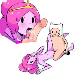 adventure_time black_eyes blush bored expressionless finn_the_human licking licking_penis missionary_position mob_face opeipiao penetration penis penis_lick pie_(artist) pink_hair pink_skin princess princess_bubblegum sex small_breasts tongue