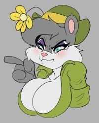 big_breasts blue_eyes breasts female flower gray_fur green_shirt hat slappy_squirrel solraticart tagme