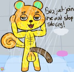 2022 animal_crossing anthro balls bedroom_eyes big_balls big_penis half-closed_eyes inviting klutzatdusk male_focus male_only male_solo naked nintendo penis seductive sheldon_(animal_crossing) shower small_but_hung solo_male