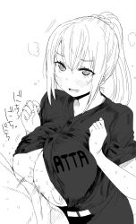 1boy 1girls big_breasts blush breasts button_gap cum cum_between_breasts darkness_(konosuba) ejaculation_between_breasts engulfing_paizuri female hands-free hands-free_paizuri huge_breasts kaiman_garupan kono_subarashii_sekai_ni_shukufuku_wo! large_breasts looking_at_partner male monochrome nipples open_clothes open_mouth open_shirt paizuri ponytail straight sweat