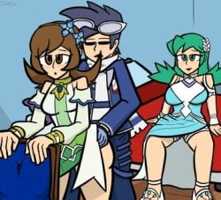 1boy 2girls alternate_costume ambiguous_penetration chillfab ethan_(pokemon) kris_(pokemon) lyra_(pokemon) official_alternate_costume pokemon pokemon_masters sex_from_behind sygna_suit_ethan sygna_suit_kris sygna_suit_lyra tagme twintails