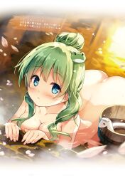 1girls animal ass bangs bare_shoulders blue_eyes blush breasts bucket eyebrows_visible_through_hair female female_only fingernails green_hair hair_ornament highres long_hair looking_at_viewer medium_breasts miyase_mahiro onsen parted_lips partially_submerged petals sanae_kochiya shiny shiny_hair shiny_skin snake solo thighs tied_hair touhou towel towel_on_head water wet wooden_bucket