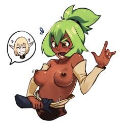 1girls amalia big_breasts blush brown_eyes dark-skinned_female dark_skin embarrassed green_hair javehorny no_bra open_mouth partially_clothed princess_amalia_sheran_sharm shirt_down solo standing wakfu