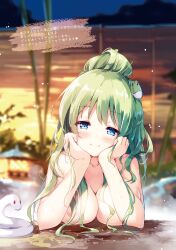 animal areolae bangs bare_shoulders blue_eyes blurry blurry_background blush breasts closed_mouth collarbone elbow_rest eyebrows_visible_through_hair female frog_hair_ornament green_hair hair_ornament hands_on_own_cheeks hands_on_own_face highres long_hair looking_at_viewer medium_breasts miyase_mahiro night onsen outdoors sanae_kochiya shiny shiny_hair smile snake tied_hair touhou water water_drop