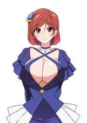 ariadoa_(kono_yuusha_ga_ore_tueee_kuse_ni_shinchou_sugiru) bangs baron_(nsbaron) blue_choker blue_dress blush breasts choker cleavage covered_nipples criss-cross_halter dress female hair_ornament halter_dress halterneck highres kono_yuusha_ga_ore_tueee_kuse_ni_shinchou_sugiru long_sleeves looking_at_viewer puffy_nipples red_eyes red_hair short_hair simple_background smile upper_body white_background