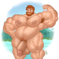 balls bara big_balls big_pecs big_penis blush brian_harding closed_eyes dream_daddy:_a_dad_dating_simulator flaccid flexing flexing_bicep gab_art gay ginger_hair hairy male male_only muscles muscular nude overweight penis smiling solo solo_male