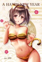 2022 :o absurdres ahoge animal_costume animal_ears animal_print bikini black_hair blush breasts chinese_zodiac claw_pose cleavage collarbone cowboy_shot fake_animal_ears female floral_print fur_bikini hairband happy_new_year highres idolmaster idolmaster_cinderella_girls january kohinata_miho looking_afar masuku_(saint_mask) midriff navel new_year solo strapless sweatdrop swimsuit tail tiger_costume tiger_ears tiger_print tiger_tail tube_top year_of_the_tiger