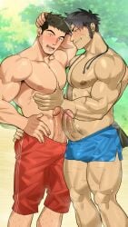 2boys boner embracing erect_penis erection ero_condo flustered gay hands-free hard_on hoan_nguyen kienbiu male_only muscles muscular muscular_male outdoors outside penis_out short_shorts twitter_user_oc uncensored uncut veiny_penis wey_(kienbiu)