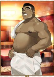 belly buzz_(kienbiu) ero_condo kienbiu looking_at_viewer male_only melanin muscles muscular muscular_male smiling towel twitter_user_oc wet yaoi