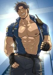 1boy big_bulge bulge bulge_grab clothed crotch_rub ero_condo huge_bulge human kienbiu male male_focus male_only muscles muscular muscular_male open_shirt police police_officer police_uniform policeman solo twitter_user_oc wey_(kienbiu)