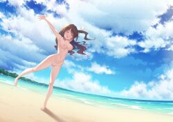 arms_up bangs barefoot beach blue_sky blush breasts brown_hair closed_eyes cloud cloudy_sky commentary_request completely_nude dutch_angle female full_body happy highres idolmaster idolmaster_cinderella_girls kazuma_(kazumav) leg_up long_hair medium_breasts nipples nude ocean open_mouth outdoors pussy sand shimamura_uzuki sky solo summer uncensored wet wet_hair