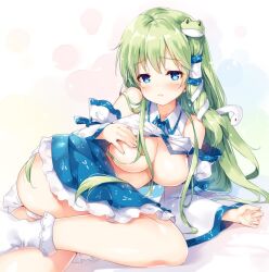 ass bare_legs blue_eyes blue_skirt breasts commentary_request detached_sleeves eyebrows_visible_through_hair female frog_hair_ornament green_hair hair_ornament hair_tubes large_breasts long_hair looking_at_viewer lying miniskirt miyase_mahiro panties sanae_kochiya skirt snake_hair_ornament socks solo tareme touhou underwear white_legwear white_panties wide_sleeves wing_collar