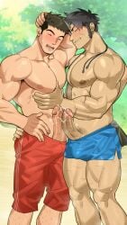 boner cum cumming cumming_together embracing erect_penis erection ero_condo gay hard_on hoan_nguyen kienbiu muscles muscular muscular_male outdoors outside pleasure_face short_shorts twitter_user_oc uncut veiny_penis wey_(kienbiu)