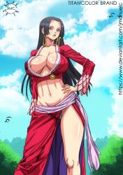 big_breasts black_hair boa_hancock earrings female female_only jmc long_hair nipple_bulge no_bra one_piece panties sarong