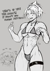 2022 2girls abs absurd_res armor bikini bikini_armor blush breasts chibi dialogue english_text eyebrows_visible_through_hair fangs fate/grand_order fate_(series) female female_only fujimaru_ritsuka_(female) grey_background greyscale hair_between_eyes hair_ornament highleg highleg_bikini highres laugh looking_at_another looking_down medium_breasts monochrome mordred_(fate) mordred_(swimsuit_rider) multiple_girls muscles muscular muscular_female navel o-ring o-ring_bikini open_mouth ponytail revealing_clothes side_ponytail signature simple_background smile solo_focus speech_bubble speedl00ver sweat sweatdrop swimsuit teeth text thick_thighs thigh_strap thighs thong thong_bikini tied_hair tongue wide_hips yuri