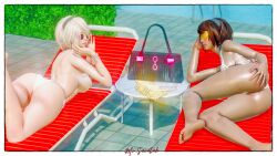 2girls 3d 3d_(artwork) bikini female female_only honey_select illusion_soft misterscratch nier:_automata nier_(series) pool poolside studio_neo swimsuit yorha_2b yorha_2p