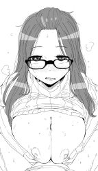 1boy 1girls areolae bare_breasts blush blushing exposed_breasts glasses kagamihara_sakura kaiman_garupan looking_at_another looking_at_partner looking_at_viewer looking_up messy_hair monochrome nipples paizuri shiny_hair sweater sweating sweaty sweaty_body sweaty_breasts tagme titfuck unseen_male_face yurucamp