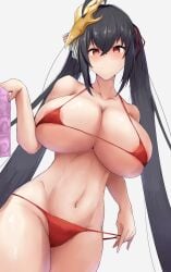 1girls absurdres ahoge areola_slip azur_lane bad_id bad_pixiv_id bangs bare_shoulders berururu bikini black_hair blush breasts cleavage closed_mouth collarbone commentary_request condom condom_packet_strip condom_wrapper eyebrows_visible_through_hair female hair_between_eyes hair_ornament highres holding holding_condom huge_breasts light-skinned_female light_skin long_hair looking_at_viewer micro_bikini midriff navel partial_commentary red_bikini red_eyes sakura_empire_(azur_lane) smile solo swimsuit taihou_(azur_lane) unopened_condom_wrapper very_long_hair