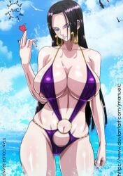 big_breasts black_hair boa_hancock earrings female female_only jmc long_hair looking_at_viewer ocean one_piece swimsuit wet