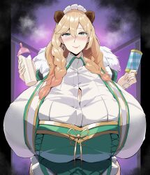 1girls apron big_breasts blonde_hair braided_hair breasts breasts busty curvaceous curvy curvy_body curvy_female curvy_figure female female_focus frigga_(last_origin) gigantic_breasts green_apron huge_breasts kunoichimaru large_breasts last_origin mature_female mole mole_under_mouth voluptuous