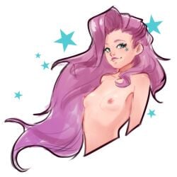 1girls biting_lip blue_eyes javehorny league_of_legends long_hair looking_at_viewer nipples nude pink_hair seraphine_(league_of_legends) small_breasts solo standing