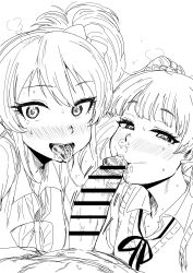 1boy 2girls collaborative_fellatio cum cum_in_mouth curved_to_the_right_penis fellatio idolmaster jougasaki_mika jougasaki_rika kaiman_garupan monochrome oral penis ponytail pov school_uniform schoolgirl sisters tagme tongue tongue_out twintails