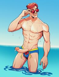 1boy beach boner castlechaythe clothed clothing cyclops_(x-men) erect_penis erection hard_on male male_focus male_only marvel marvel_comics muscles muscular muscular_male ocean outdoors outside peecum penis_out precum_drip public public_nudity scott_summers solo speedo sunglasses superhero uncensored wet x-men yaoi