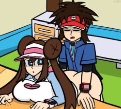 1boy 1girls :o ambiguous_penetration ass ass_up big_ass big_breasts blue_eyes breasts brown_hair chillfab clothed_female clothing doggy_style doggy_style_position double_bun female hair_bun long_hair male nate_(pokemon) open_mouth pink_bow pokemon rosa_(pokemon) sex straight tagme thick_thighs thighs