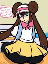 1boy 1girls :o big_breasts blue_eyes breasts brown_hair chillfab clothed_female clothing double_bun english_text female hair_bun long_hair looking_at_viewer looking_back male nate_(pokemon) open_mouth pantyhose pink_bow pokemon rosa_(pokemon) text thick_thighs thighs turning_head