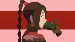 animated avatar_the_last_airbender bondage braided_ponytail brown_hair clothing dawho555 deepthroat dildo dildo_gag dubious_consent earthbending eyebrows fire_nation gag gagged nickelodeon oral ponytail profile red_background sidelocks tearing_up ty_lee x-ray