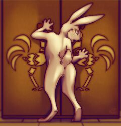 anthro anus ass balls digital_media_(artwork) fur genitals hare lagomorph leporid lirkov looking_at_viewer looking_back male mammal nude open_mouth presenting presenting_anus presenting_hindquarters raised_tail solo