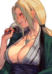 1girls bare_chest big_breasts blonde_hair blush breast_focus breasts brown_eyes bust busty carrying carrying_object center_opening chest cleavage clothed clothed_female crystal drink drunk female female_only fingernail_polish fingernails grin haori holding holding_object hungry_clicker in_profile japanese_clothes jar jewelry kimono large_breasts light-skinned_female light_skin lips long_hair looking_away low_ponytail mature mature_female mature_woman nail_polish naruto naruto_(series) naruto_shippuden necklace no_bra obi oppai parted_lips pinup sake sash sidelocks smile solo solo_female solo_focus tsunade upper_body white_background