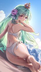 :3 ass back_view barefoot bikini crown finana_ryugu fish_girl green_hair nijisanji nijisanji_en purple_eyes swimsuit thighs virtual_youtuber wet wet_panties