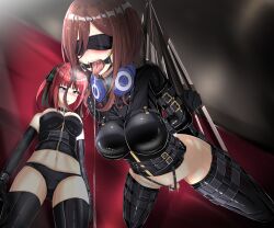 2girls absurdres arms_behind_back bangs black_blindfold black_gloves black_jacket black_legwear black_ribbon blindfold blue_eyes blunt_bangs blush bondage bondage_outfit bound bound_arms bound_legs breasts brown_hair butterfly_hair_ornament elbow_gloves eyebrows_visible_through_hair gag gloves go-toubun_no_hanayome hair_between_eyes hair_ornament hair_ribbon hakoniwanoruno headphones headphones_around_neck highres holding holding_whip jacket large_breasts long_hair looking_at_another midriff multiple_girls nakano_miku nakano_nino navel open_mouth panties pink_hair pussy_juice restrained revealing_clothes ribbon ring_gag runo saliva saliva_trail sex_toy straitjacket suspension thighhighs twintails underwear vibrator vibrator_under_clothes vibrator_under_panties