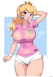 1girls 2022 absurd_res alternate_breast_size alternate_hairstyle arms_up big_lips blonde_female blonde_hair blue_eyes breasts commission crown female female_only football football_player football_uniform hips huge_breasts long_hair mario_(series) mario_strikers nintendo nipples nipples_visible_through_clothing ponytail princess princess_peach puffy_lips royalty short_shorts shorts simmsy slim_waist soccer_uniform sportswear steam steaming_body sweat sweaty_body thick_lips thick_thighs thighs visible_breath white_shorts wide_hips