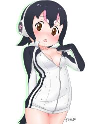 black_hair breasts brown_eyes clothing cowboy_shot female female_only female_solo hand_on_chest hand_on_own_chest hand_on_own_shoulder headphones high_resolution humboldt_penguin_(kemono_friends) jacket kemono_friends long_sleeves looking_at_viewer masuyama_ryou midriff mittens multicolored_hair no_bra open_clothes partially_unzipped penguin_tail short_hair simple_background solo standing streaked_hair tail undressing very_high_resolution white_background zipper