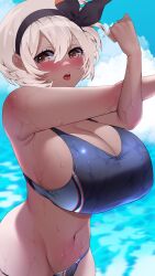 1girls alternate_breast_size bea_(pokemon) cleavage dark-skinned_female dark_skin huge_breasts pokemon pokemon_ss short_hair sideboob stretching sumisumii sweat tongue_out white_hair