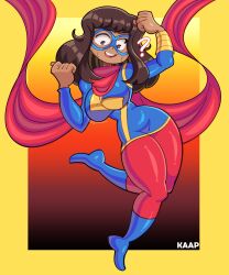 1girls bangs bodysuit breast_expansion breasts brown_hair clothed clothing confused_look dark-skinned_female dark_skin domino_mask female female_only fully_clothed human kaapcom_(artist) kamala_khan long_hair marvel ms._marvel muslim nipples penis penis_growth skin_tight solo source_request thick_thighs